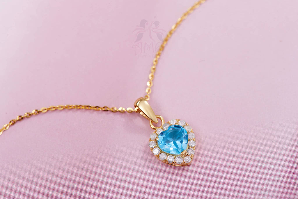 Mặt dây chuyền Vàng Đá quý tự nhiên Blue Topaz Halo Heart Pendant in 14K Yellow Gold by AME Jewellery