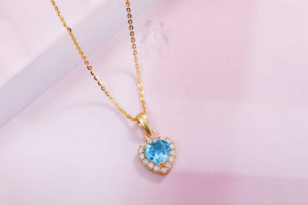 Mặt dây chuyền Vàng Đá quý tự nhiên Blue Topaz Halo Heart Pendant in 14K Yellow Gold by AME Jewellery