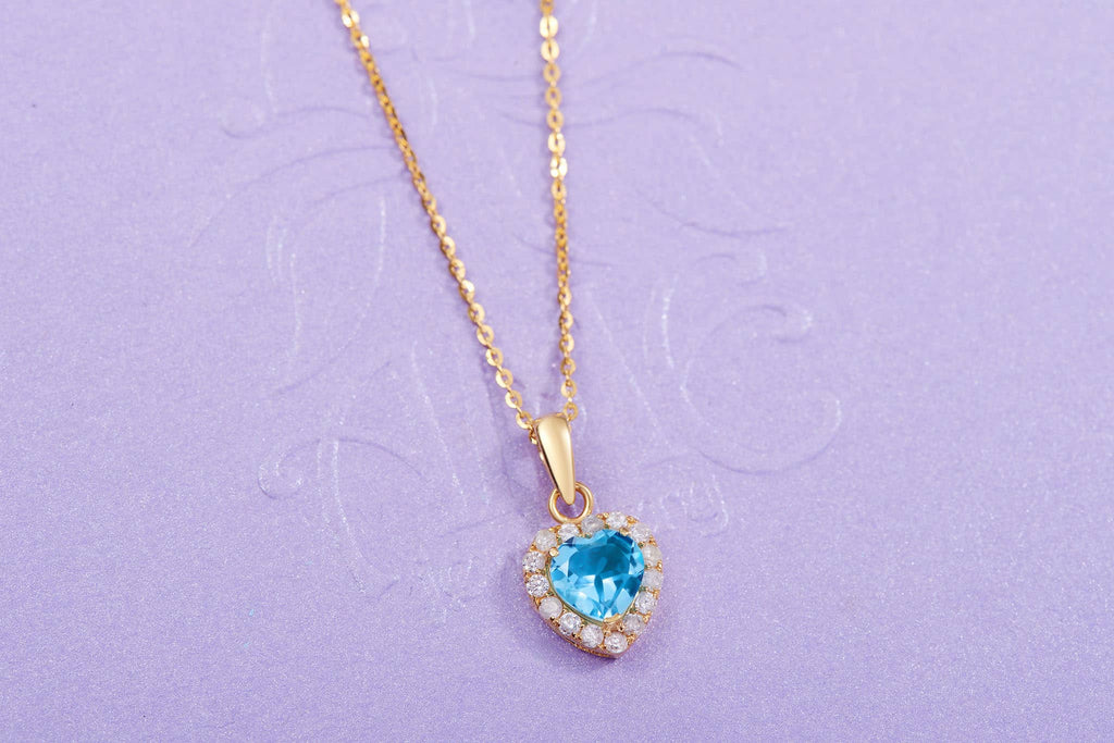 Mặt dây chuyền Vàng Đá quý tự nhiên Blue Topaz Halo Heart Pendant in 14K Yellow Gold by AME Jewellery