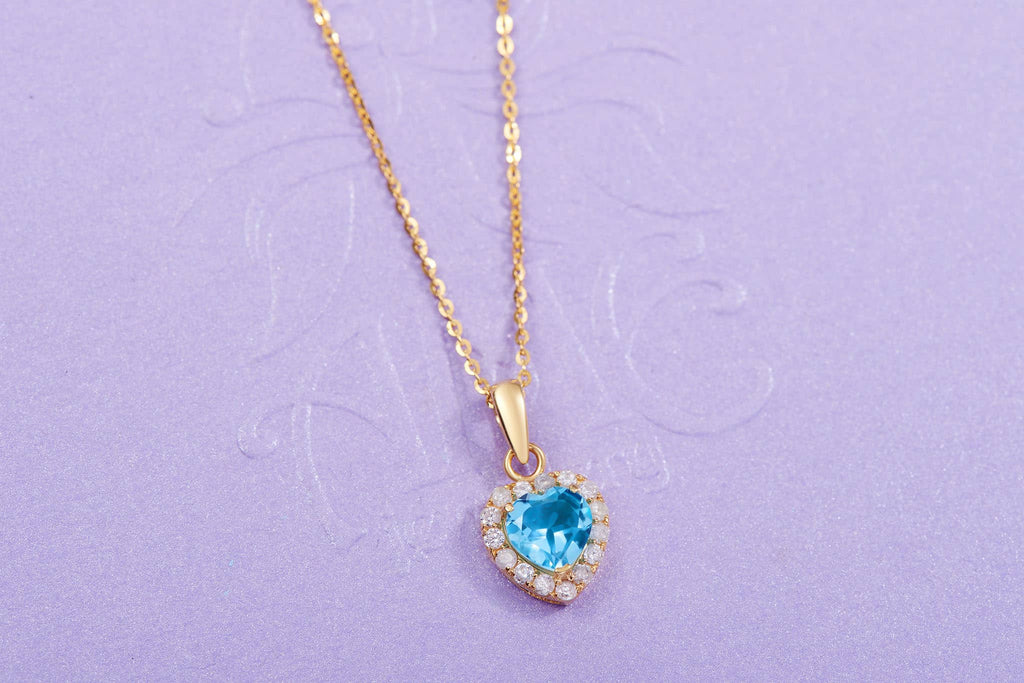 Natural Blue Topaz Halo Heart Pendant in 14K Yellow Gold | AME Jewellery