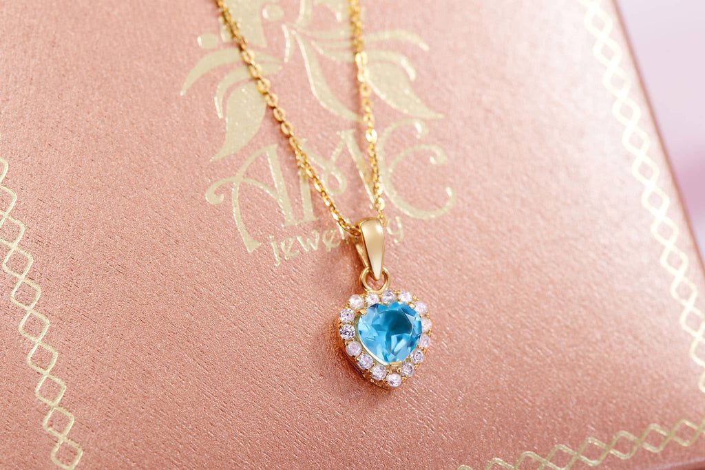 Mặt dây chuyền Vàng Đá quý tự nhiên Blue Topaz Halo Heart Pendant in 14K Yellow Gold by AME Jewellery