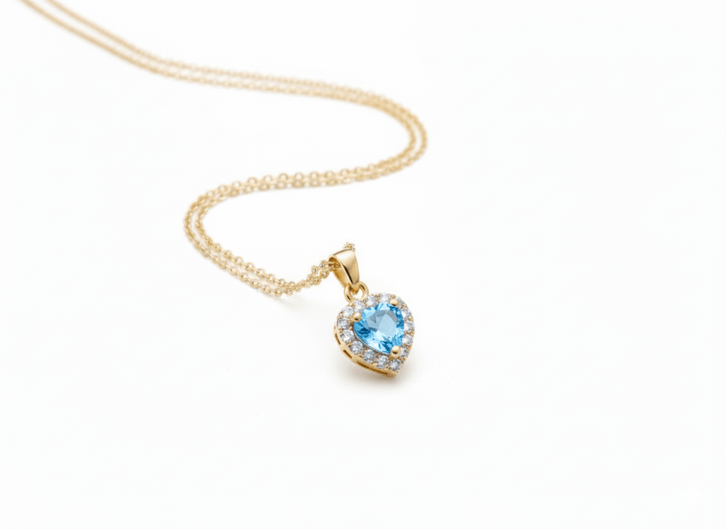 Mặt dây chuyền Vàng Đá quý tự nhiên Blue Topaz Halo Heart Pendant in 14K Yellow Gold by AME Jewellery