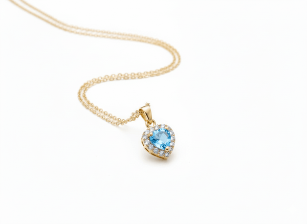 Mặt dây chuyền Vàng Đá quý tự nhiên Blue Topaz Halo Heart Pendant in 14K Yellow Gold by AME Jewellery