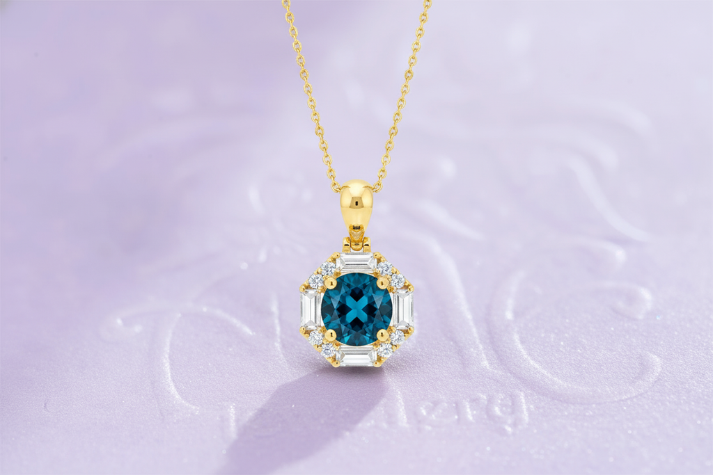 Mặt dây chuyền Vàng Đá quý tự nhiên London Blue Topaz Octagon Halo Pendant 14K Yellow Gold by AME Jewellery