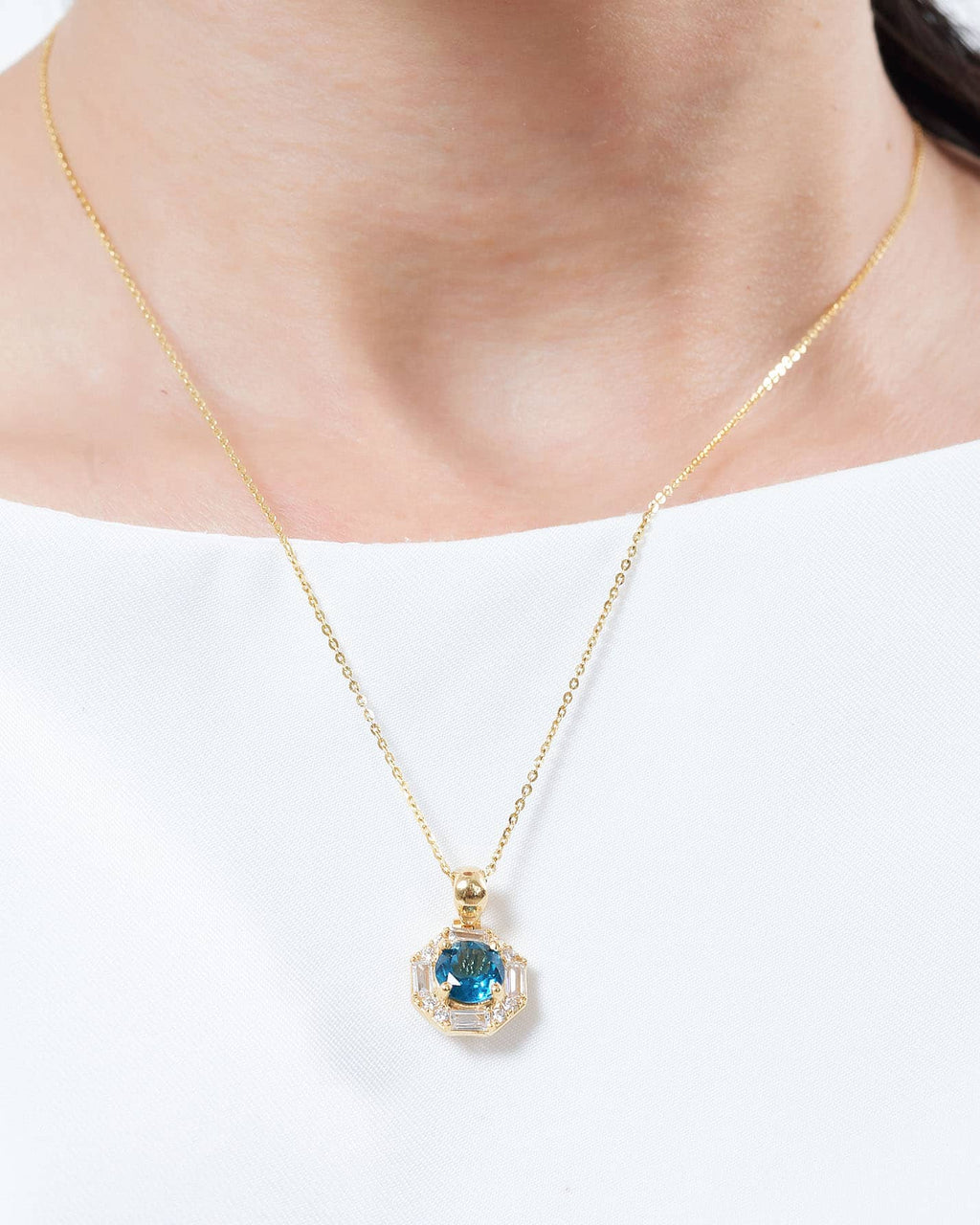 Mặt dây chuyền Vàng Đá quý tự nhiên London Blue Topaz Octagon Halo Pendant 14K Yellow Gold by AME Jewellery