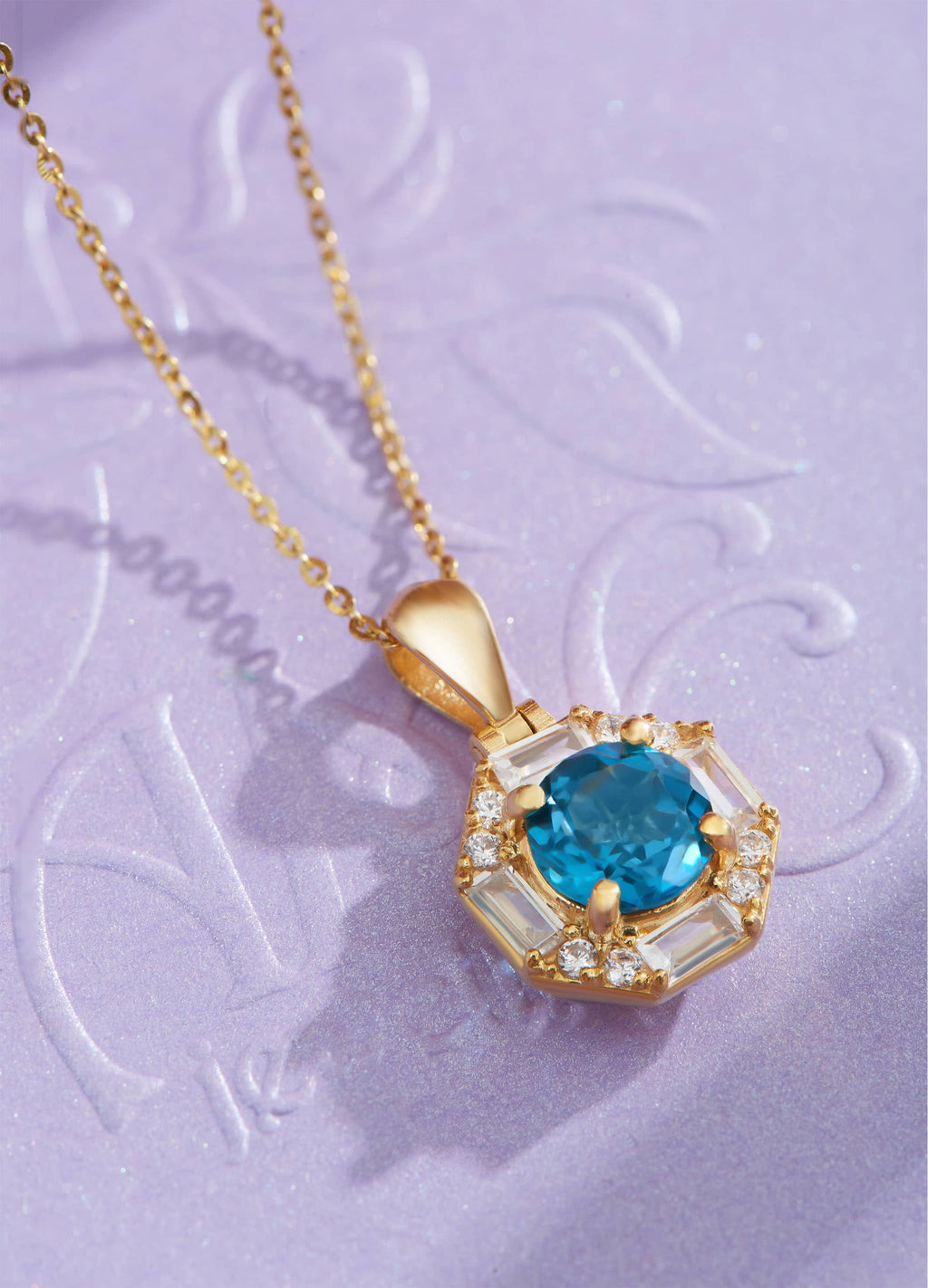 Mặt dây chuyền Vàng Đá quý tự nhiên London Blue Topaz Octagon Halo Pendant 14K Yellow Gold by AME Jewellery