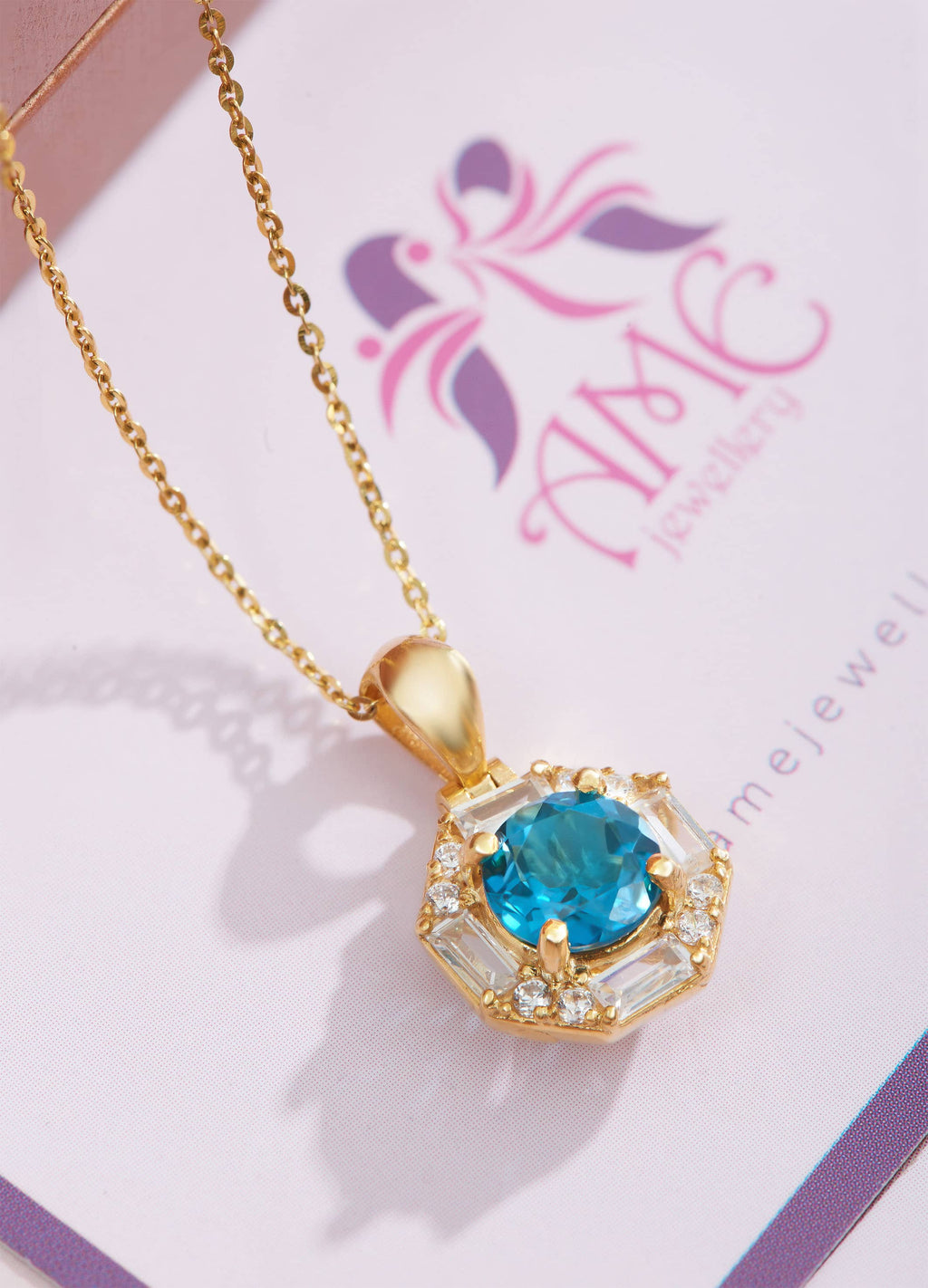 Mặt dây chuyền Vàng Đá quý tự nhiên London Blue Topaz Octagon Halo Pendant 14K Yellow Gold by AME Jewellery