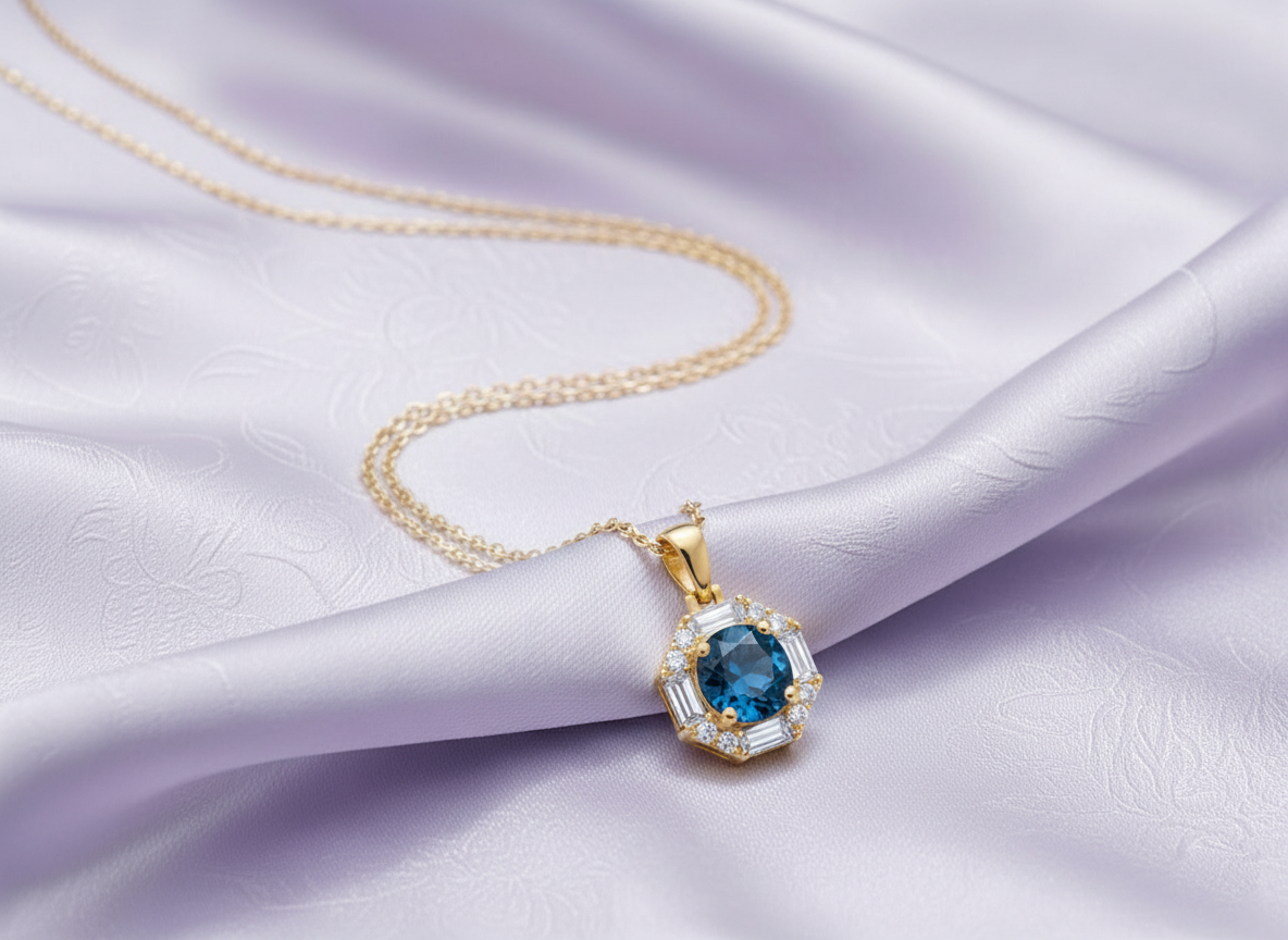 Mặt dây chuyền Vàng Đá quý tự nhiên London Blue Topaz Octagon Halo Pendant 14K Yellow Gold by AME Jewellery