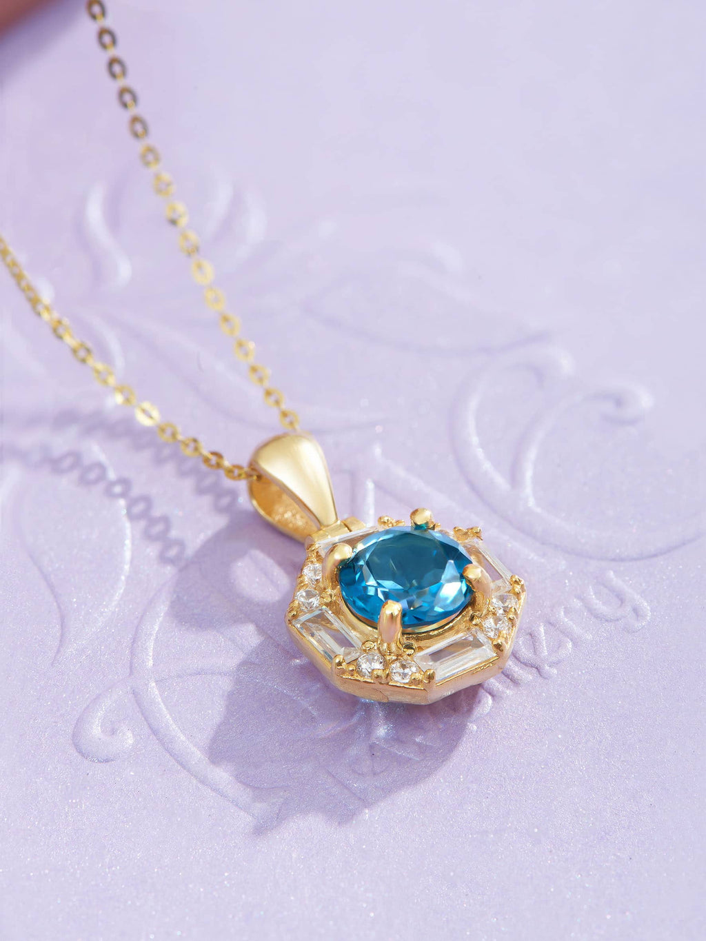 Mặt dây chuyền Vàng Đá quý tự nhiên London Blue Topaz Octagon Halo Pendant 14K Yellow Gold by AME Jewellery