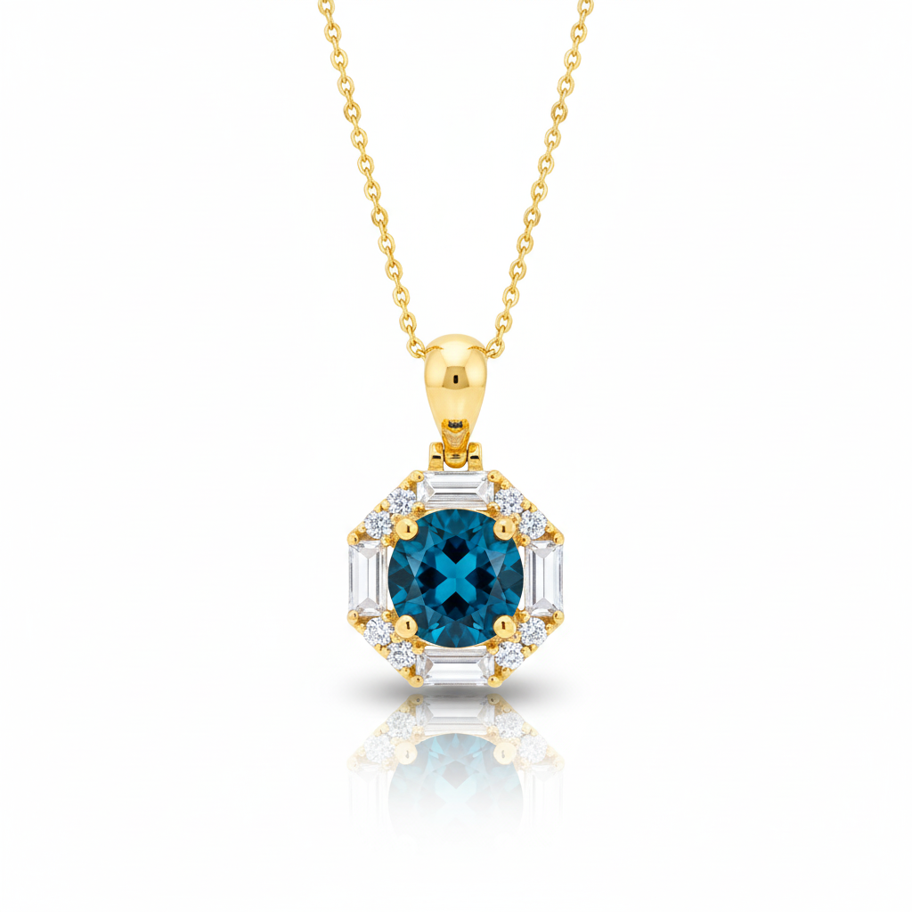 Mặt dây chuyền Vàng Đá quý tự nhiên London Blue Topaz Octagon Halo Pendant 14K Yellow Gold by AME Jewellery