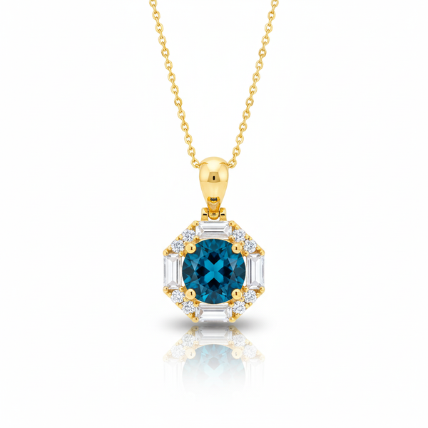 Mặt dây chuyền Vàng Đá quý tự nhiên London Blue Topaz Octagon Halo Pendant 14K Yellow Gold by AME Jewellery