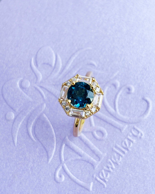 Nhẫn nữ Vàng Đá quý tự nhiên London Blue Topaz Octagon Halo Ring in 14K Yellow Gold by AME Jewellery