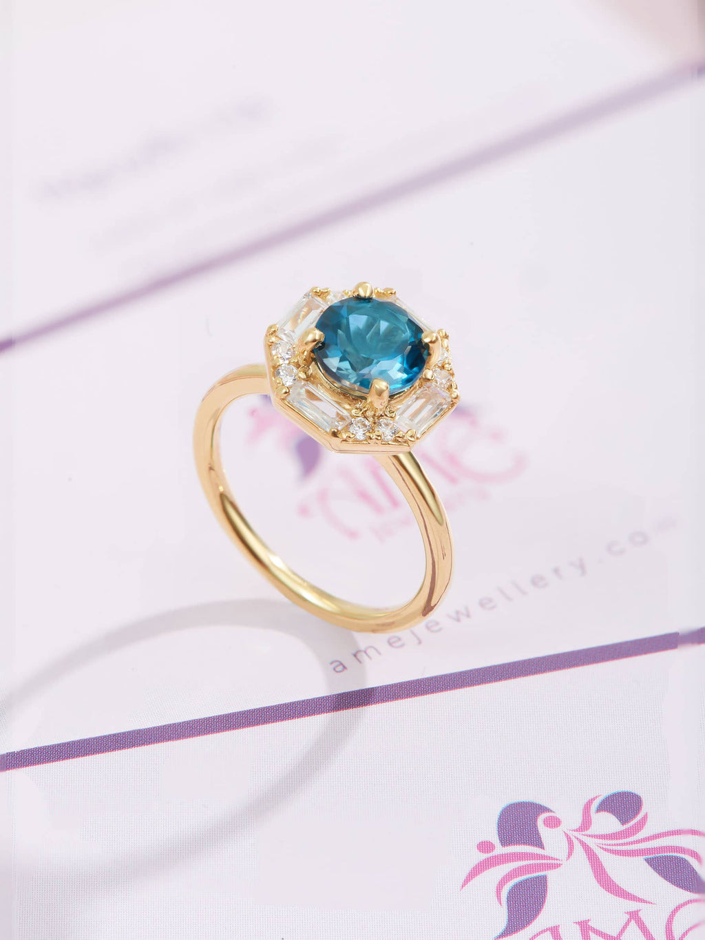 Nhẫn nữ Vàng Đá quý tự nhiên London Blue Topaz Octagon Halo Ring in 14K Yellow Gold by AME Jewellery