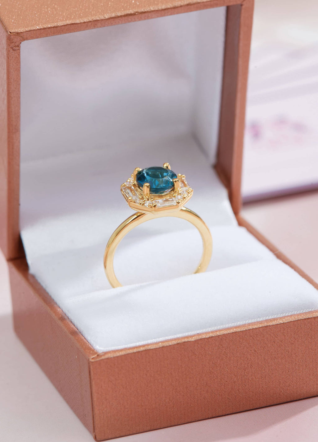 Nhẫn nữ Vàng Đá quý tự nhiên London Blue Topaz Octagon Halo Ring in 14K Yellow Gold by AME Jewellery