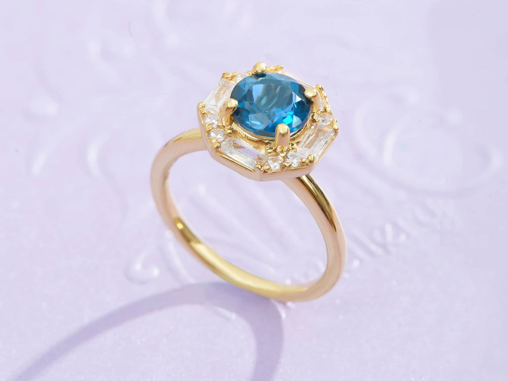 Nhẫn nữ Vàng Đá quý tự nhiên London Blue Topaz Octagon Halo Ring in 14K Yellow Gold by AME Jewellery