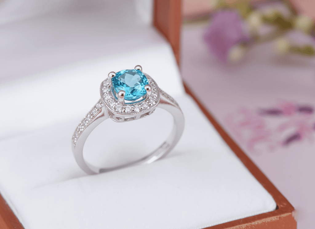 Nhẫn Đá quý tự nhiên Blue Topaz Square Halo Silver Ring by AME Jewellery