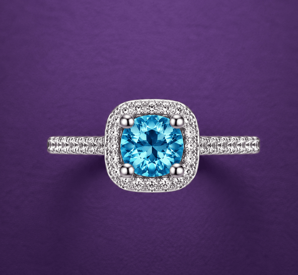 Natural Blue Topaz Square Halo Ring in Sterling Silver by AME Jewellery. 
