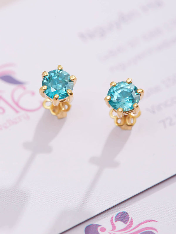 Bông tai Vàng Đá quý tự nhiên Blue Zircon 6-prong Earrings in 14K Yellow Gold by AME Jewellery