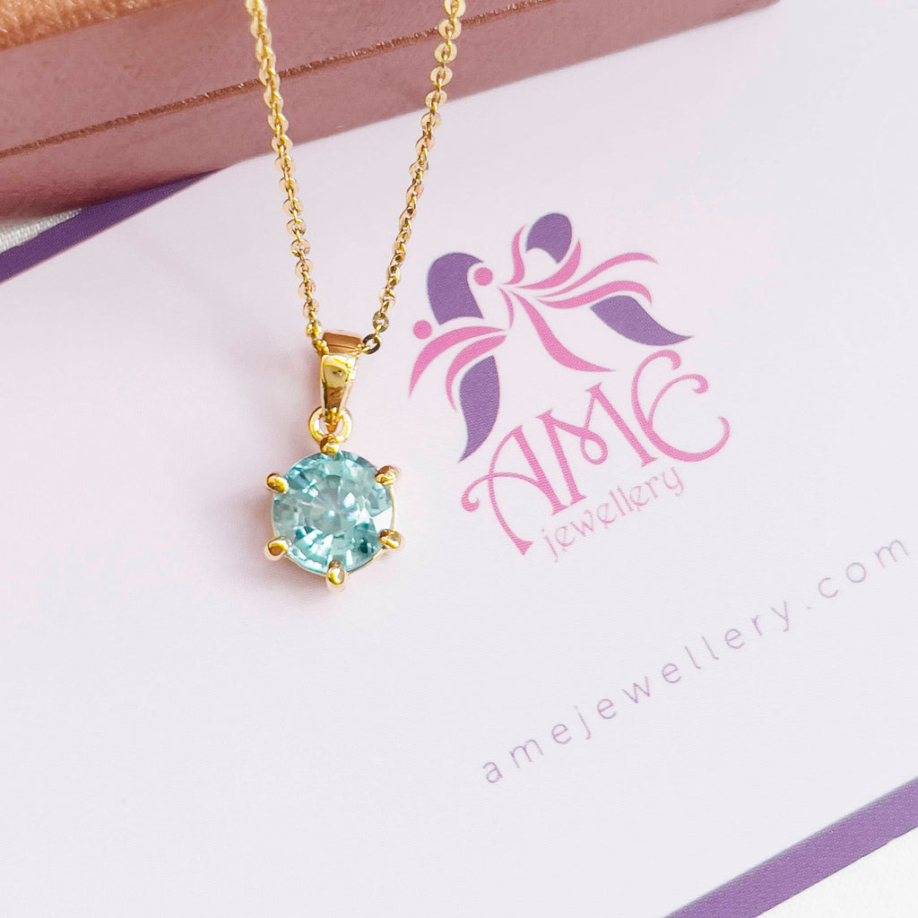 Mặt dây chuyền Vàng Đá quý tự nhiên Blue Zircon 6-prong Pendant in 14K Yellow Gold by AME Jewellery