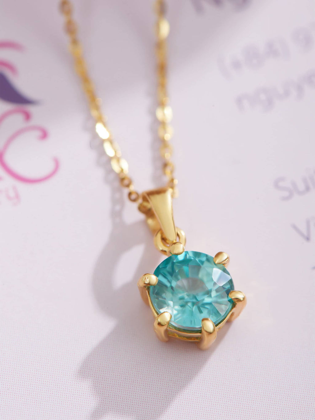 Mặt dây chuyền Vàng Đá quý tự nhiên Blue Zircon 6-prong Pendant in 14K Yellow Gold by AME Jewellery