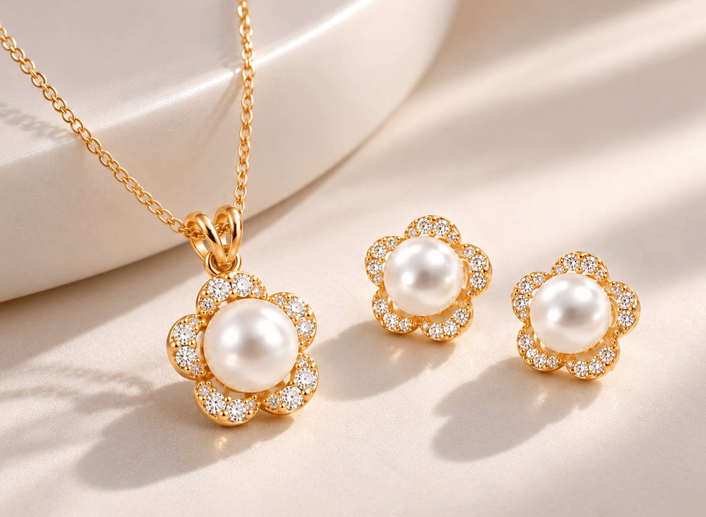 Bộ trang sức vàng 14K ngọc trai nuôi nước ngọt trắng hoa mai - AME Jewellery