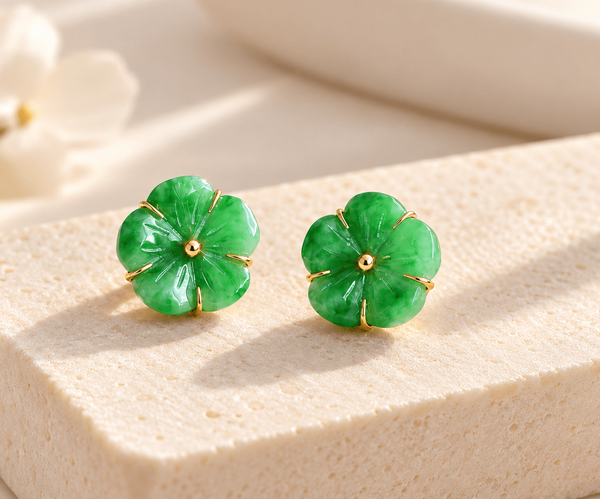 Bông tai cẩm thạch thiên nhiên chạm khắc hoa mai vàng - AME Jewellery