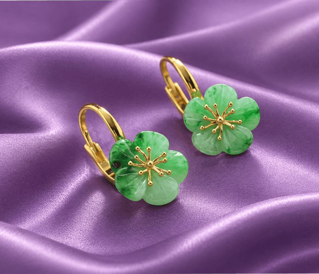 Bông tai cẩm thạch thiên nhiên chạm khắc hoa mai vàng 14K - AME Jewellery