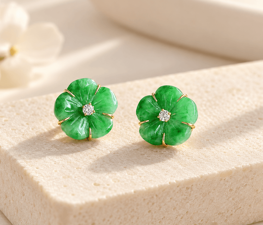 Bông tai cẩm thạch thiên nhiên chạm khắc hoa mai vàng 14K - AME Jewellery