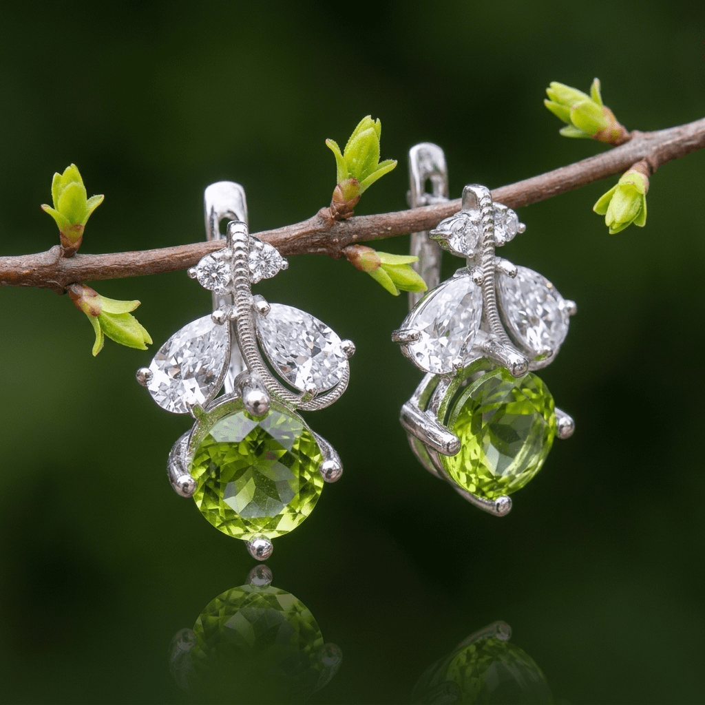 Natural Peridot Leaf Latch-back Earrings in Sterling Silver by AME Jewellery. 