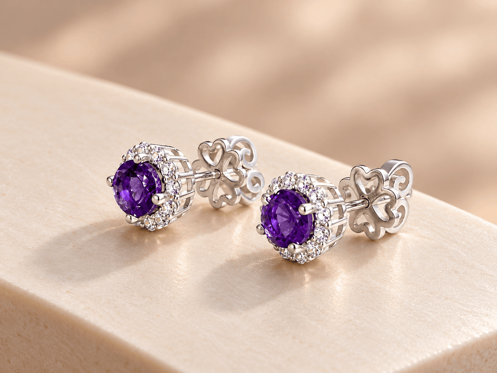 Bông tai halo đá quý tự nhiên Amethyst 5mm - AME Jewellery