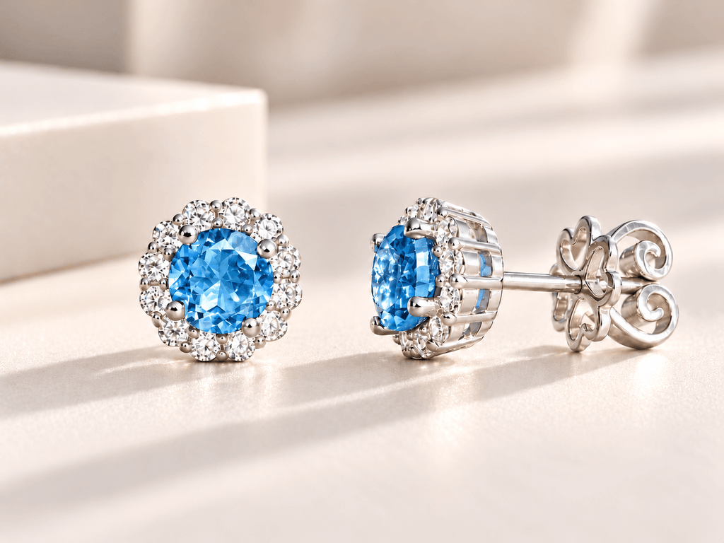 Bông tai đá quý tự nhiên Blue Topaz 5mm - AME Jewellery