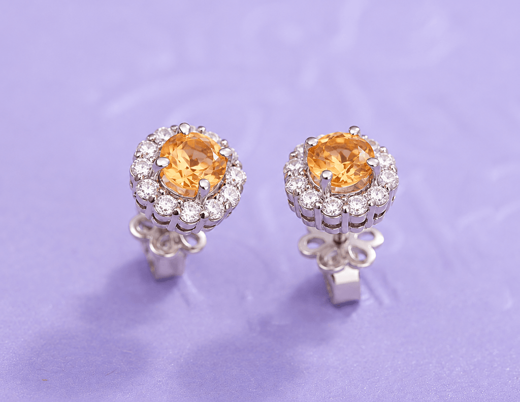 Bông tai đá quý tự nhiên halo Citrine 5mm - AME Jewellery