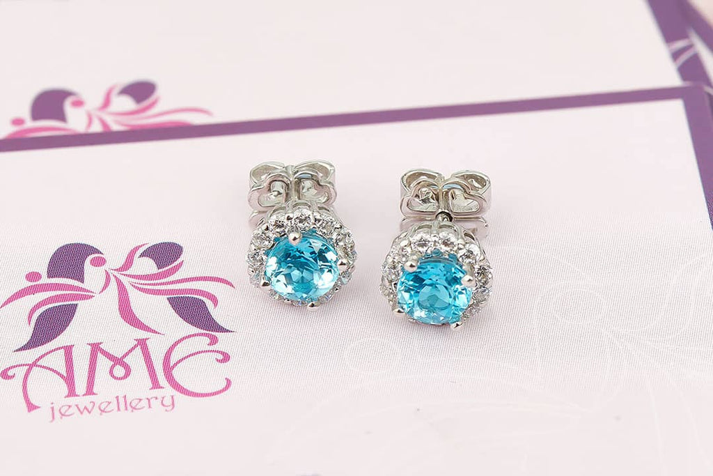 Bông tai Đá quý tự nhiên Blue Topaz Silver Halo Earrings in Sterling Silver by AME Jewellery