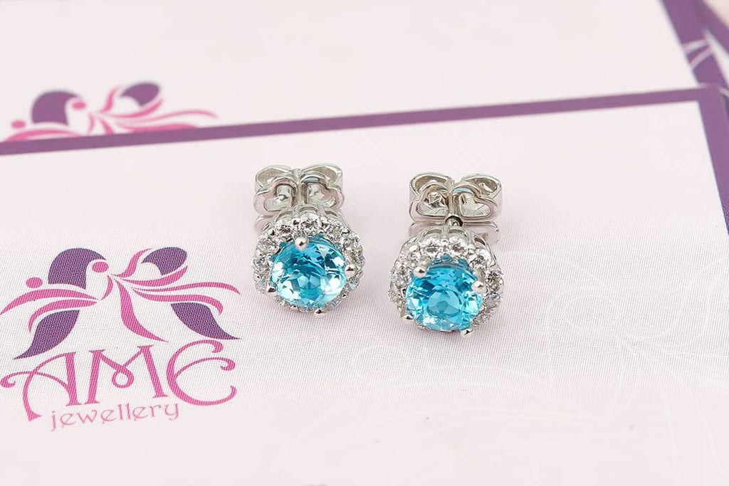 Bông tai Đá quý tự nhiên Blue Topaz Silver Halo Earrings | AME Jewellery