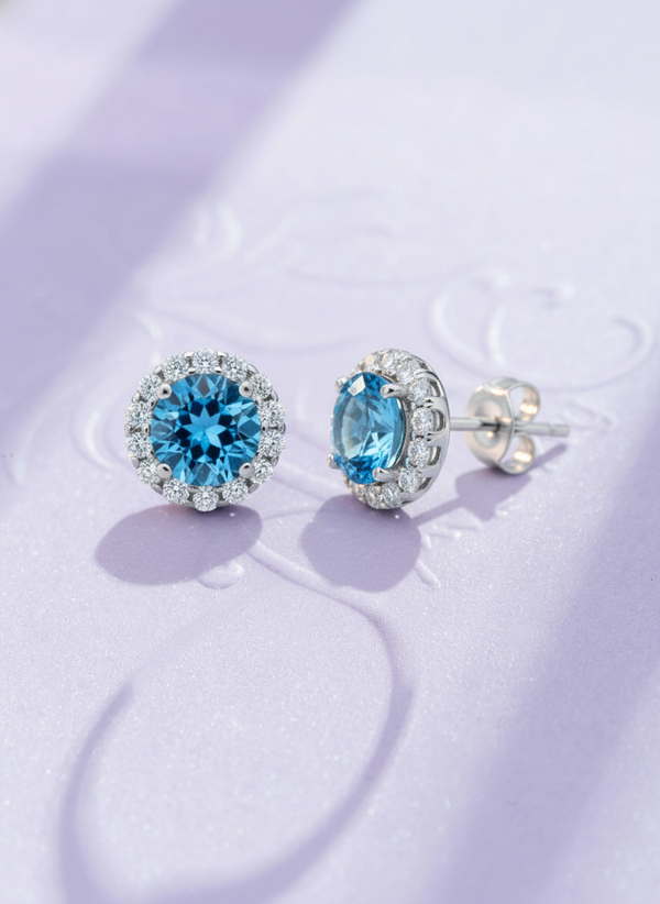 Bông tai Đá quý tự nhiên Blue Topaz Silver Halo Earrings in Sterling Silver by AME Jewellery
