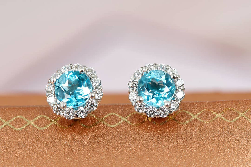 Bông tai Đá quý tự nhiên Blue Topaz Silver Halo Earrings in Sterling Silver by AME Jewellery