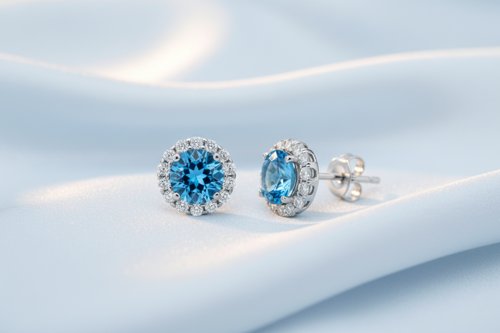 Bông tai Đá quý tự nhiên Blue Topaz Silver Halo Earrings in Sterling Silver by AME Jewellery