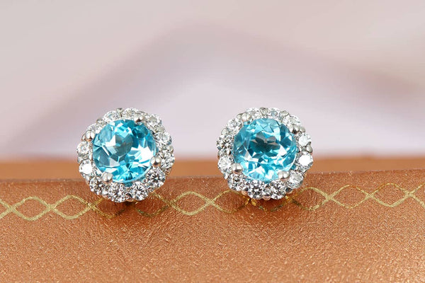 Bông tai Đá quý tự nhiên Blue Topaz Silver Halo Earrings | AME Jewellery