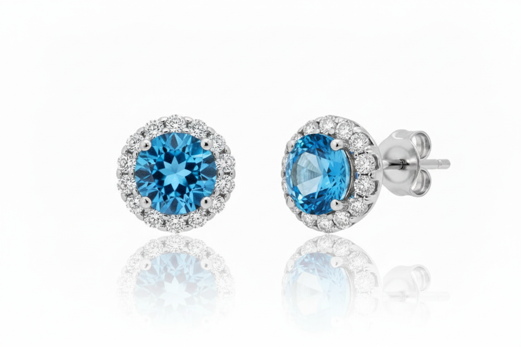 Bông tai Đá quý tự nhiên Blue Topaz Silver Halo Earrings in Sterling Silver by AME Jewellery