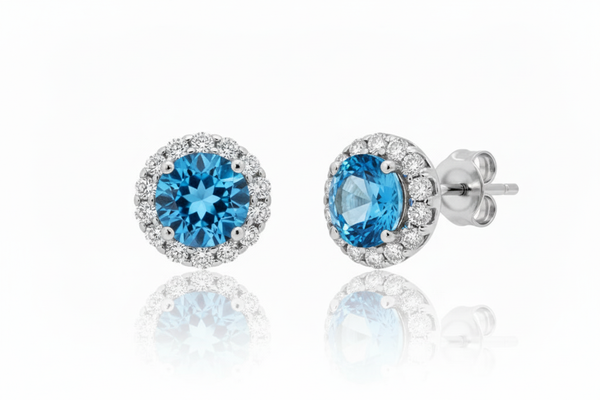 Bông tai Đá quý tự nhiên Blue Topaz Silver Halo Earrings in Sterling Silver by AME Jewellery