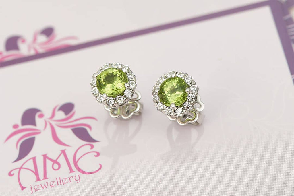 Bông tai Đá quý thiên nhiên Peridot Halo Earrings in Sterling Silver by AME Jewellery