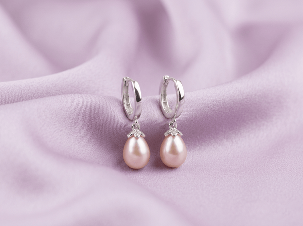 Lavender or Aubergine Teardrop Freshwater Cultured Pearl Huggie Hoop Earrings in Sterling Silver by AME Jewellery.