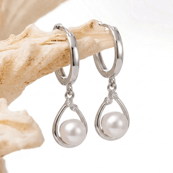 White Freshwater Pearl Huggie Hoop Earrings in Sterling Silver by AME Jewellery
