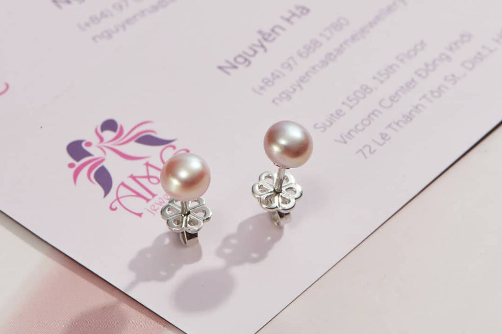 Bông tai Ngọc trai nước ngọt  nút Button / Half-round Lavender Freshwater Pearl Earrings by AME Jewellery