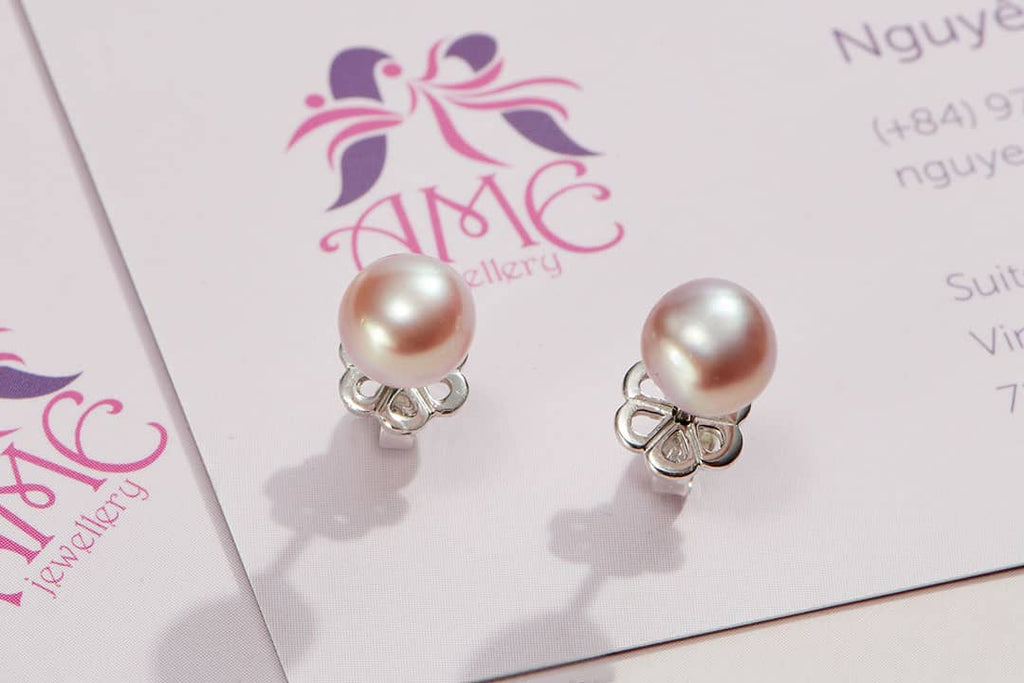 Bông tai Ngọc trai nước ngọt  nút Button / Half-round Lavender Freshwater Pearl Earrings by AME Jewellery