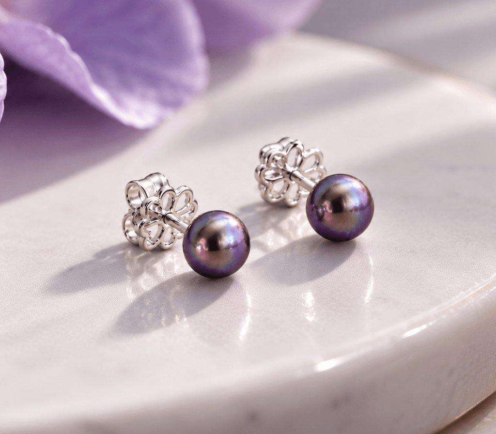 Bông tai Ngọc trai nuôi nước ngọt nút màu tím hoa cà - AME Jewellery