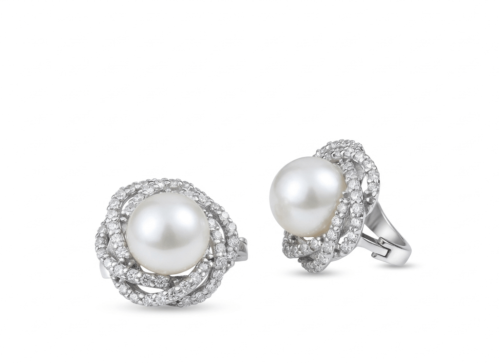 Bông tai Ngọc trai trắng White Freshwater Pearl Halo Nest Earrings by AME Jewellery