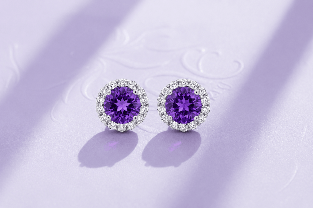 Boucles d'oreilles halo en argent sterling  et améthystes - AME Jewellery