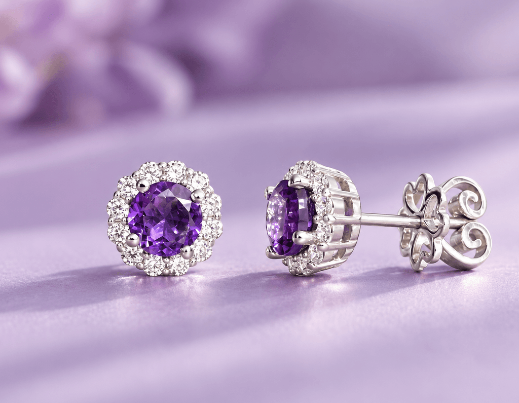 Boucles d'oreilles halo en argent sterling  et améthystes - AME Jewellery
