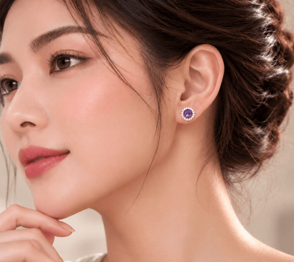 Boucles d'oreilles halo en argent sterling et améthystes - AME Jewellery
